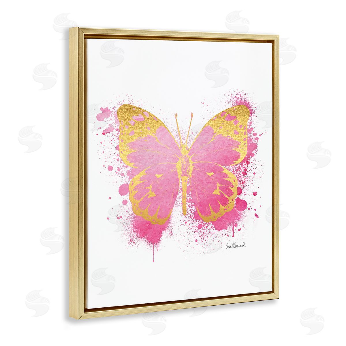 Amanda Greenwood Hot Pink Butterfly Glam Paint Splatter Gold Floater Frame Canvas Art