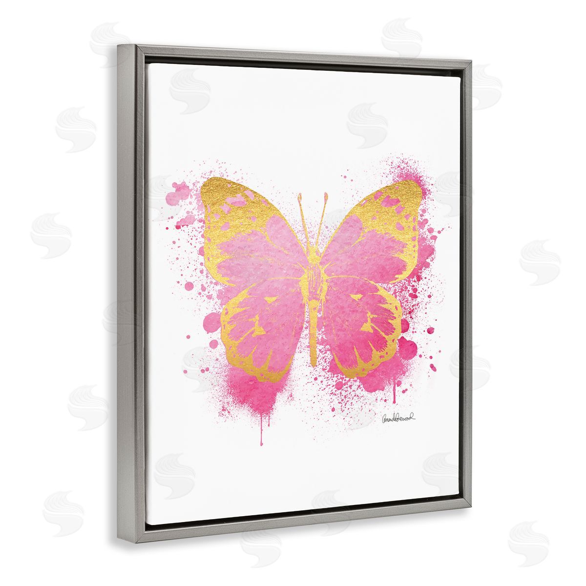 Amanda Greenwood Hot Pink Butterfly Glam Paint Splatter Gray Floater Frame Canvas Art