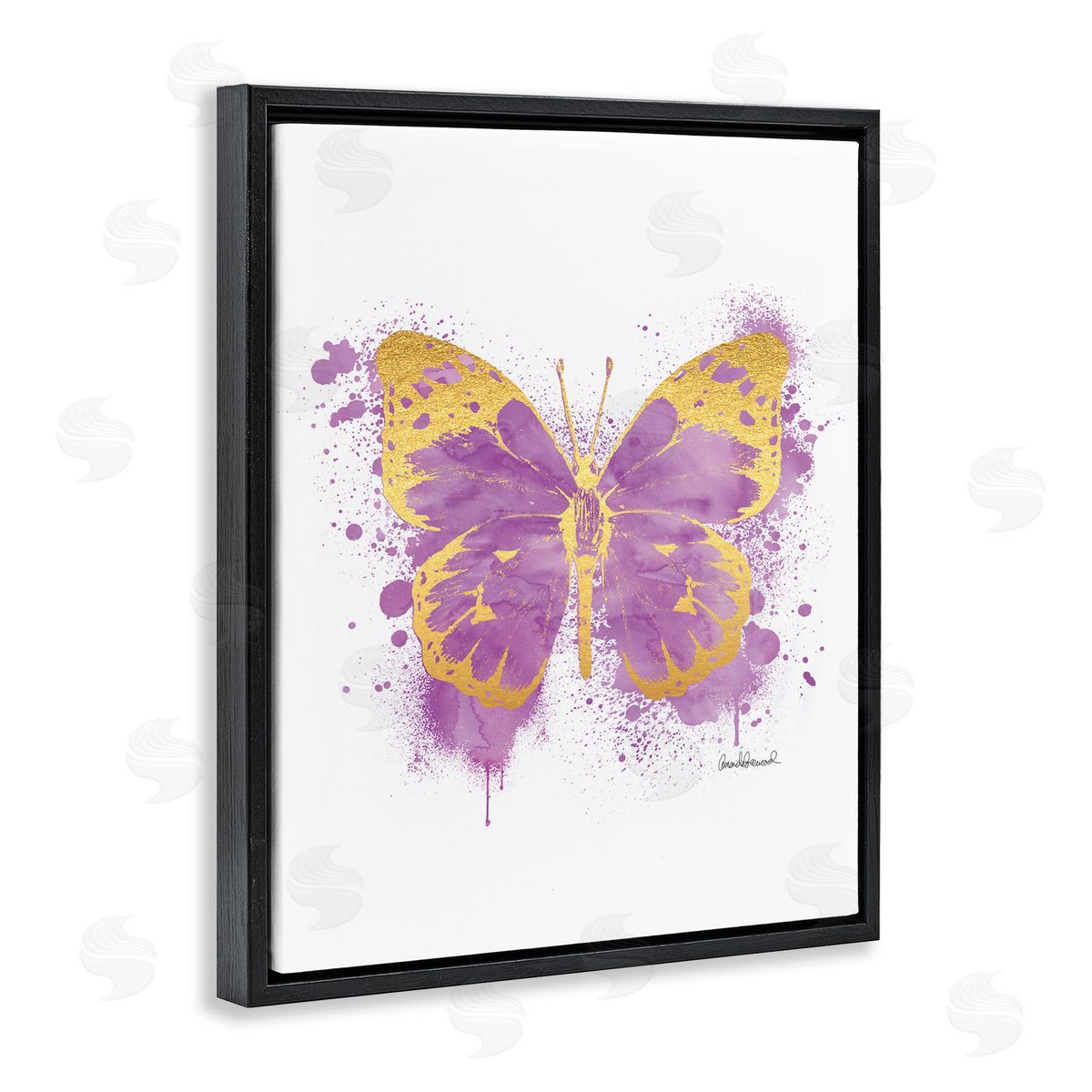 Amanda Greenwood Purple Butterfly Paint Splatter Glam Black Floater Frame Canvas Art