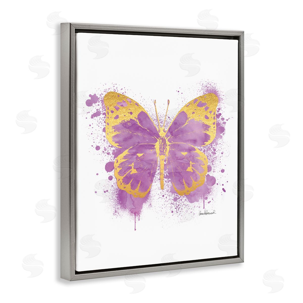 Amanda Greenwood Purple Butterfly Paint Splatter Glam Gray Floater Frame Canvas Art