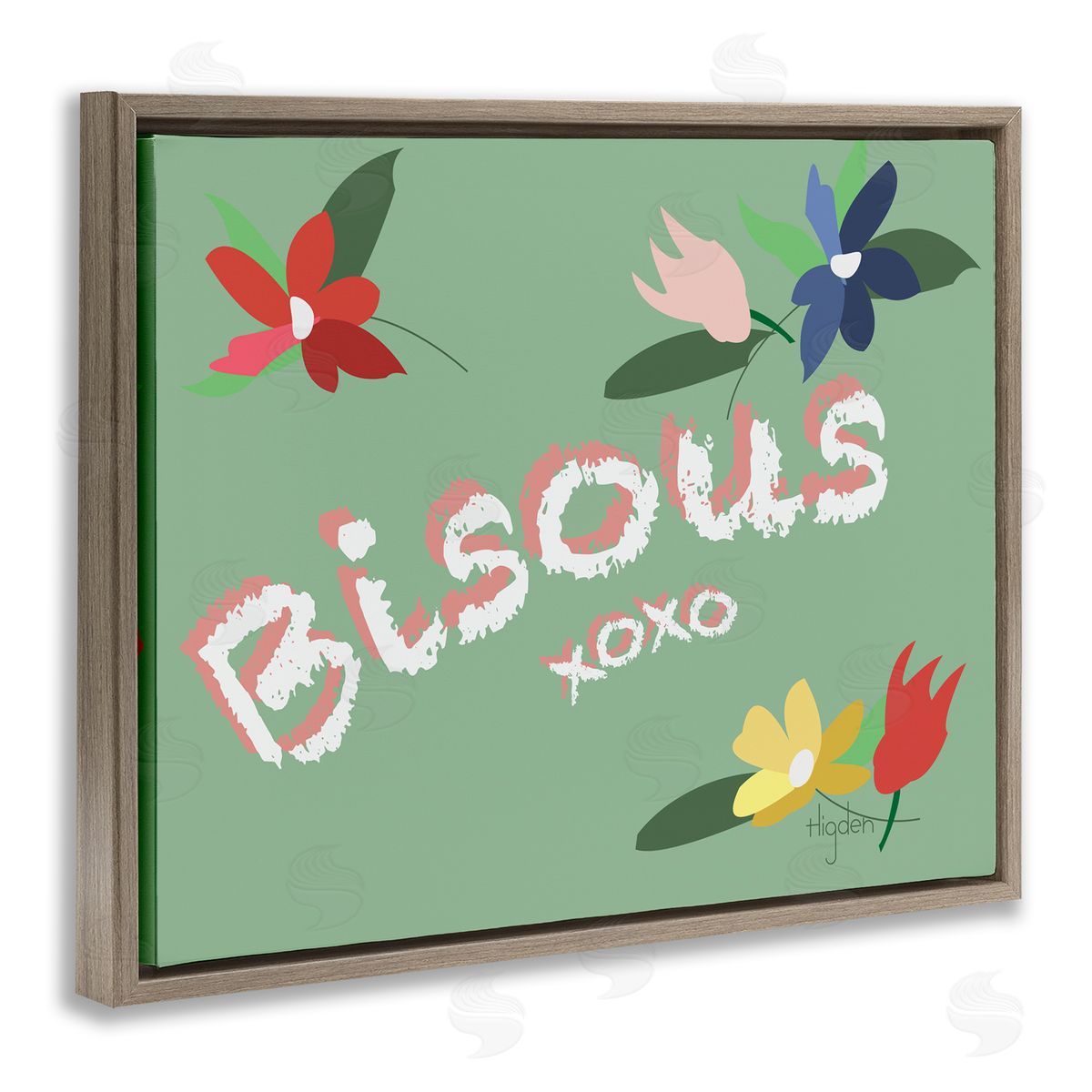 Mark Higden French Bisous Floral Kisses Design  Brown Floater Frame Canvas Art