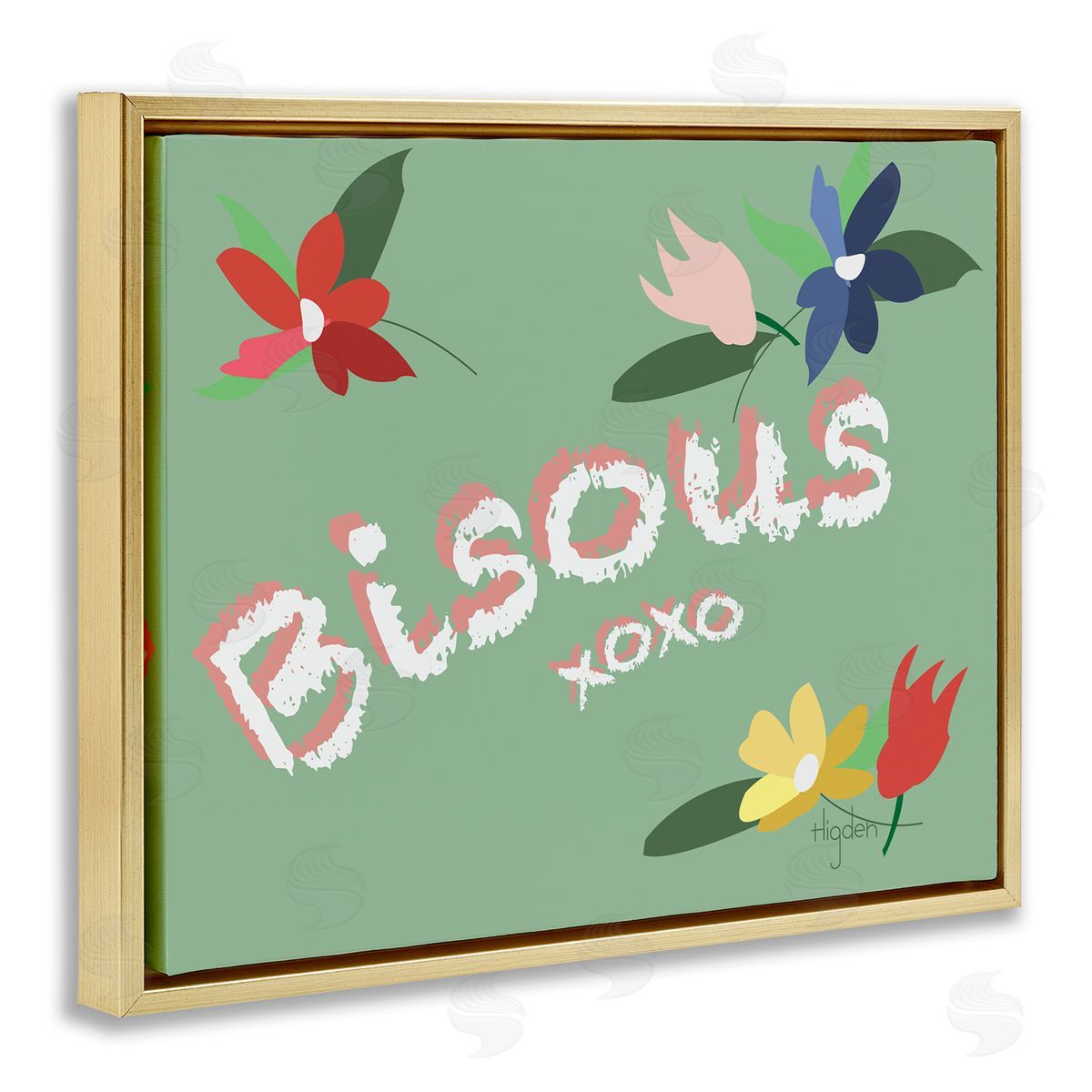 Mark Higden French Bisous Floral Kisses Design  Gold Floater Frame Canvas Art