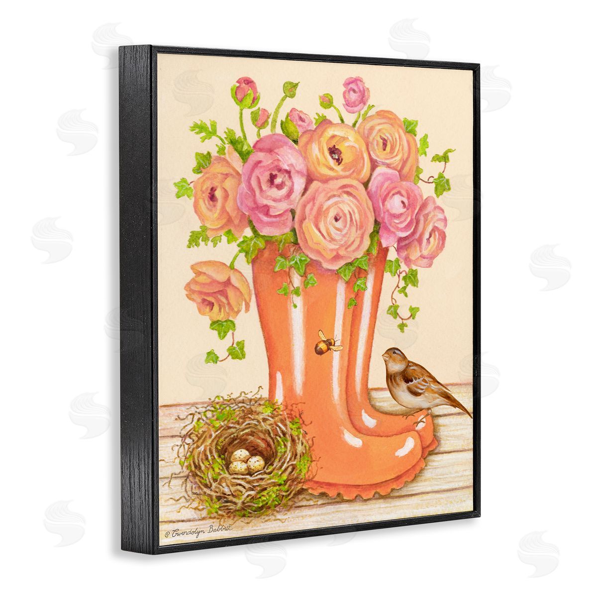 Gwendolyn Babbit Charming Orange Rainboots Rose Bouquet Black Framed Giclee Wall Art