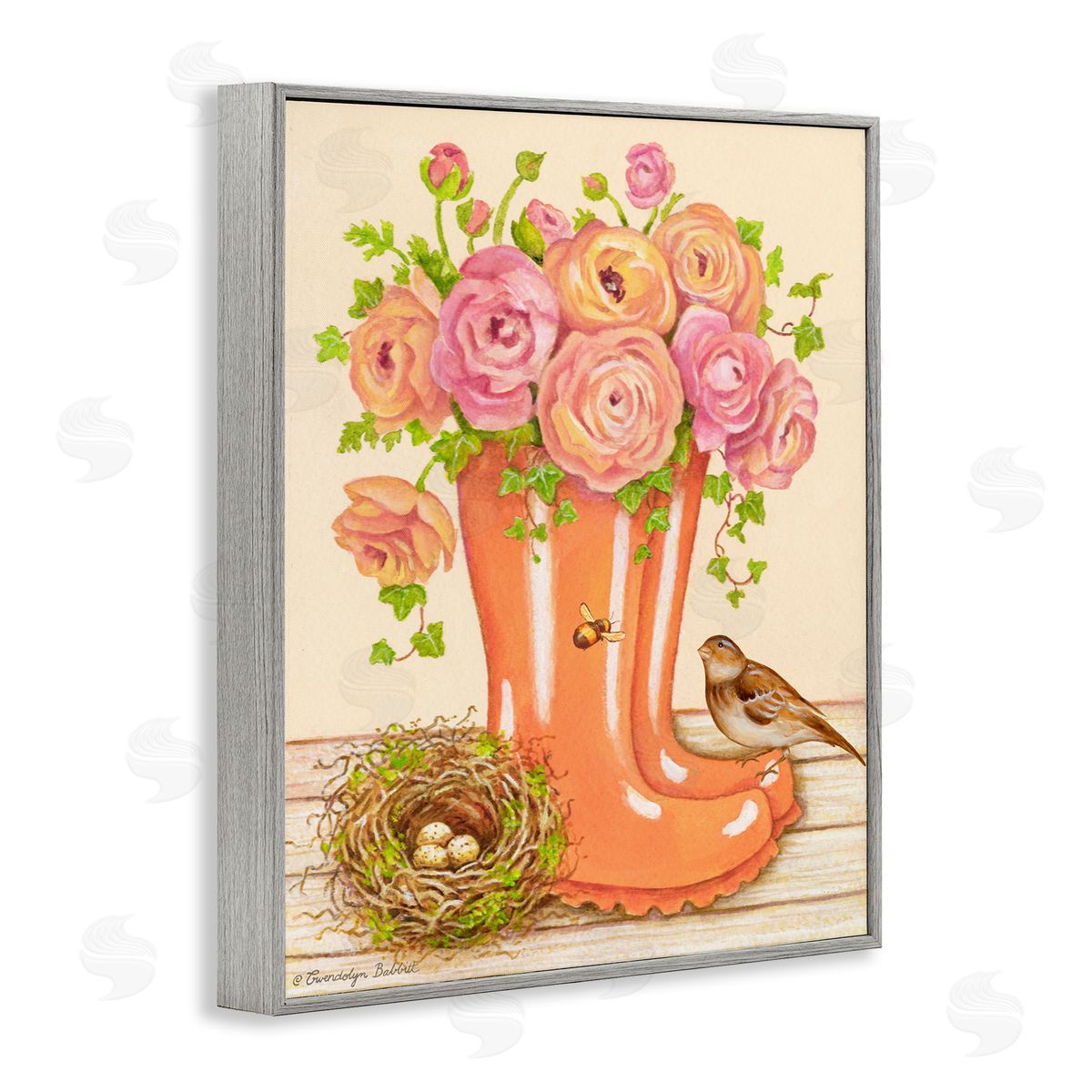 Gwendolyn Babbit Charming Orange Rainboots Rose Bouquet Gray Framed Giclee Wall Art