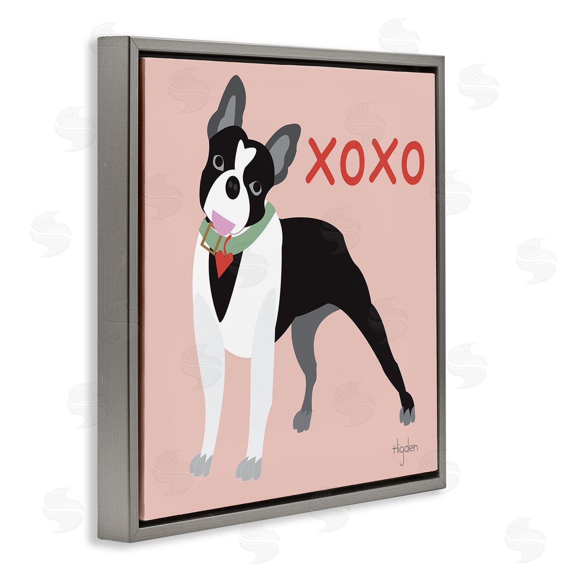 Mark Higden Boston Terrier Dog Hugs and Kisses Gray Floater Frame Canvas Art