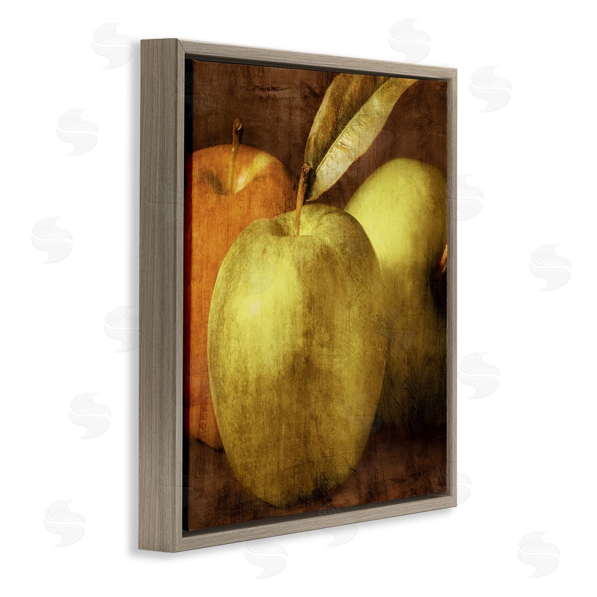 Caroline Kelly Distressed Green Apples Vintage Design Brown Floater Frame Canvas Art
