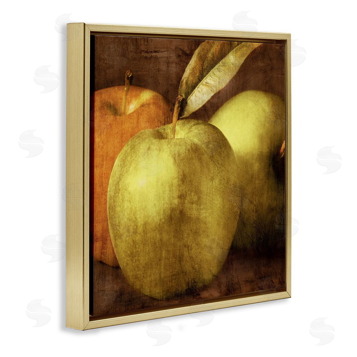 Caroline Kelly Distressed Green Apples Vintage Design Gold Floater Frame Canvas Art