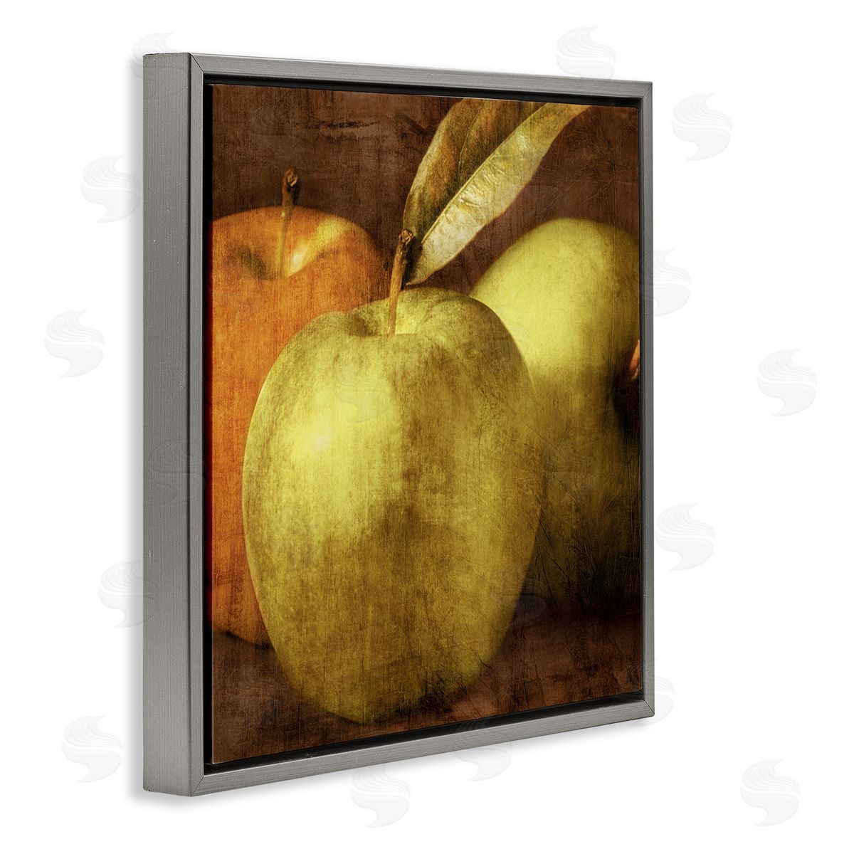 Caroline Kelly Distressed Green Apples Vintage Design Gray Floater Frame Canvas Art