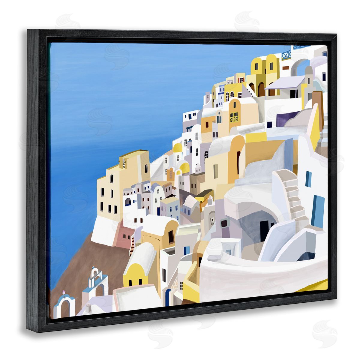 Carla Daly Coastal Greek City White Yellow Buildings Black Floater Frame Canvas Art
