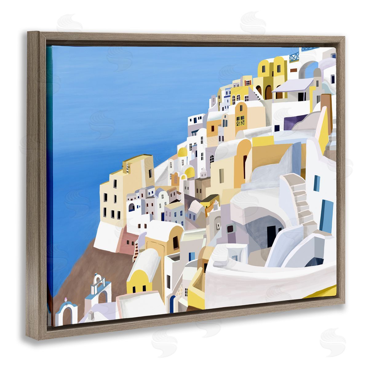 Carla Daly Coastal Greek City White Yellow Buildings Brown Floater Frame Canvas Art