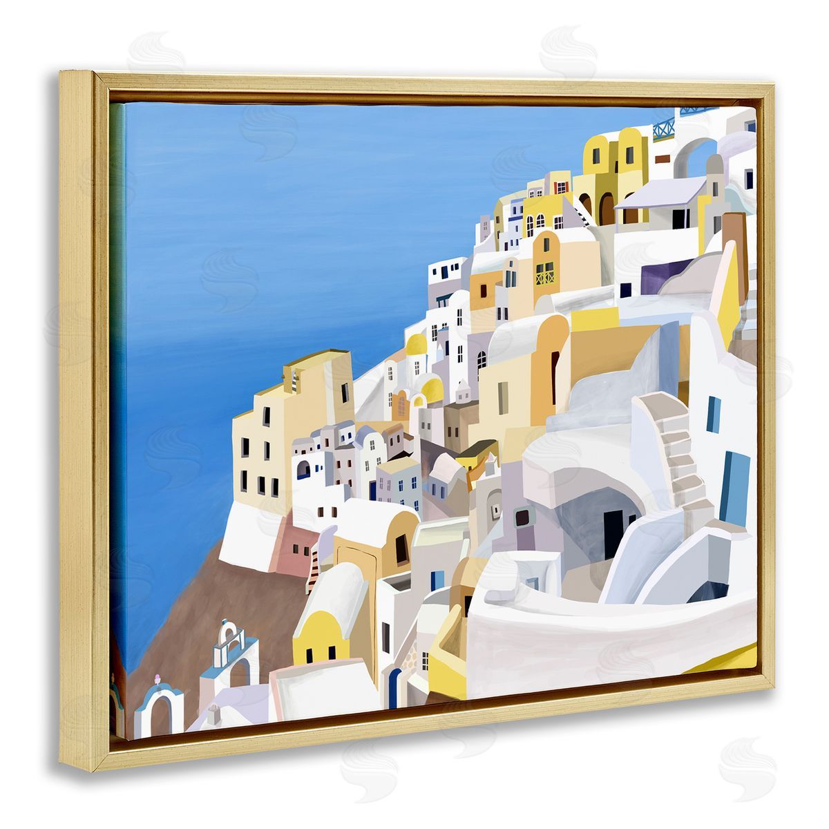 Carla Daly Coastal Greek City White Yellow Buildings Gold Floater Frame Canvas Art