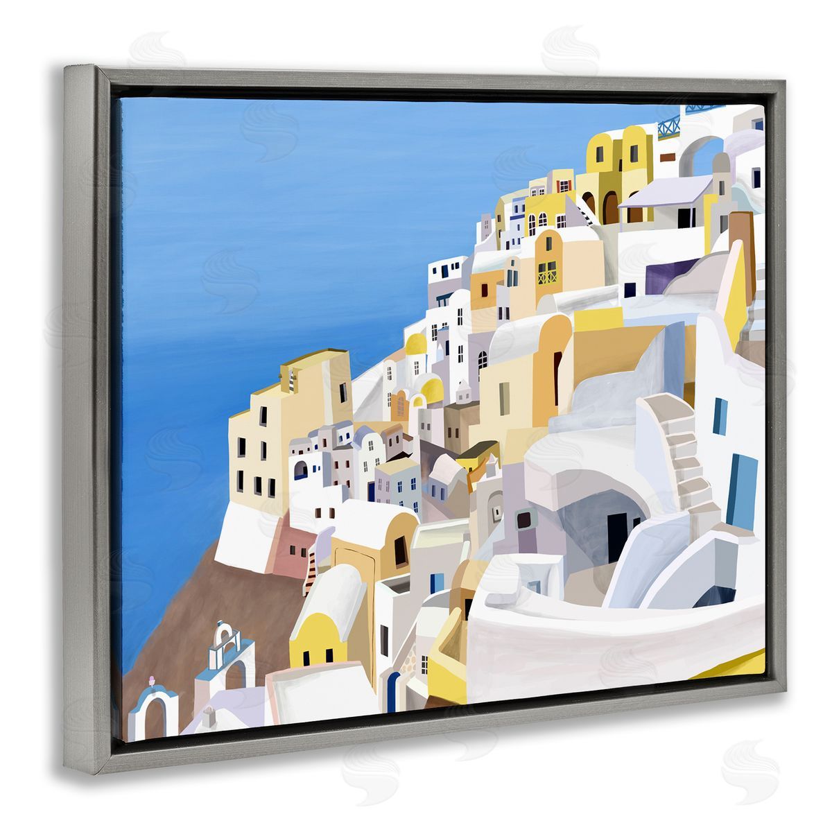 Carla Daly Coastal Greek City White Yellow Buildings Gray Floater Frame Canvas Art