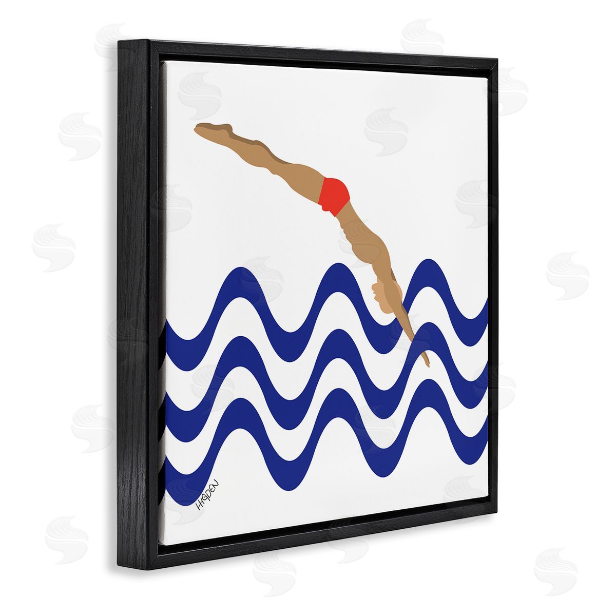 Mark Higden Male Diver Abstract Blue Waves Black Floater Frame Canvas Art