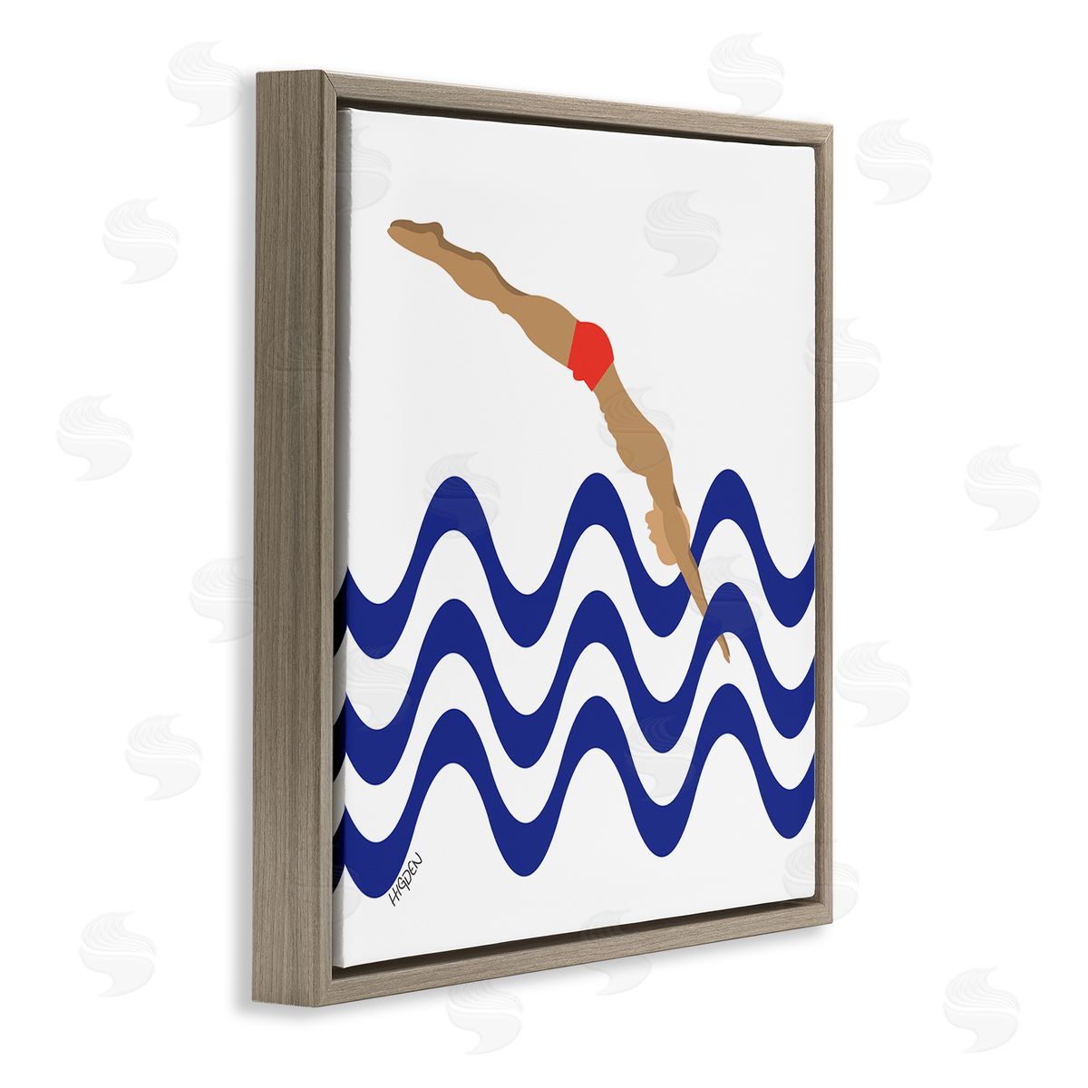 Mark Higden Male Diver Abstract Blue Waves Brown Floater Frame Canvas Art
