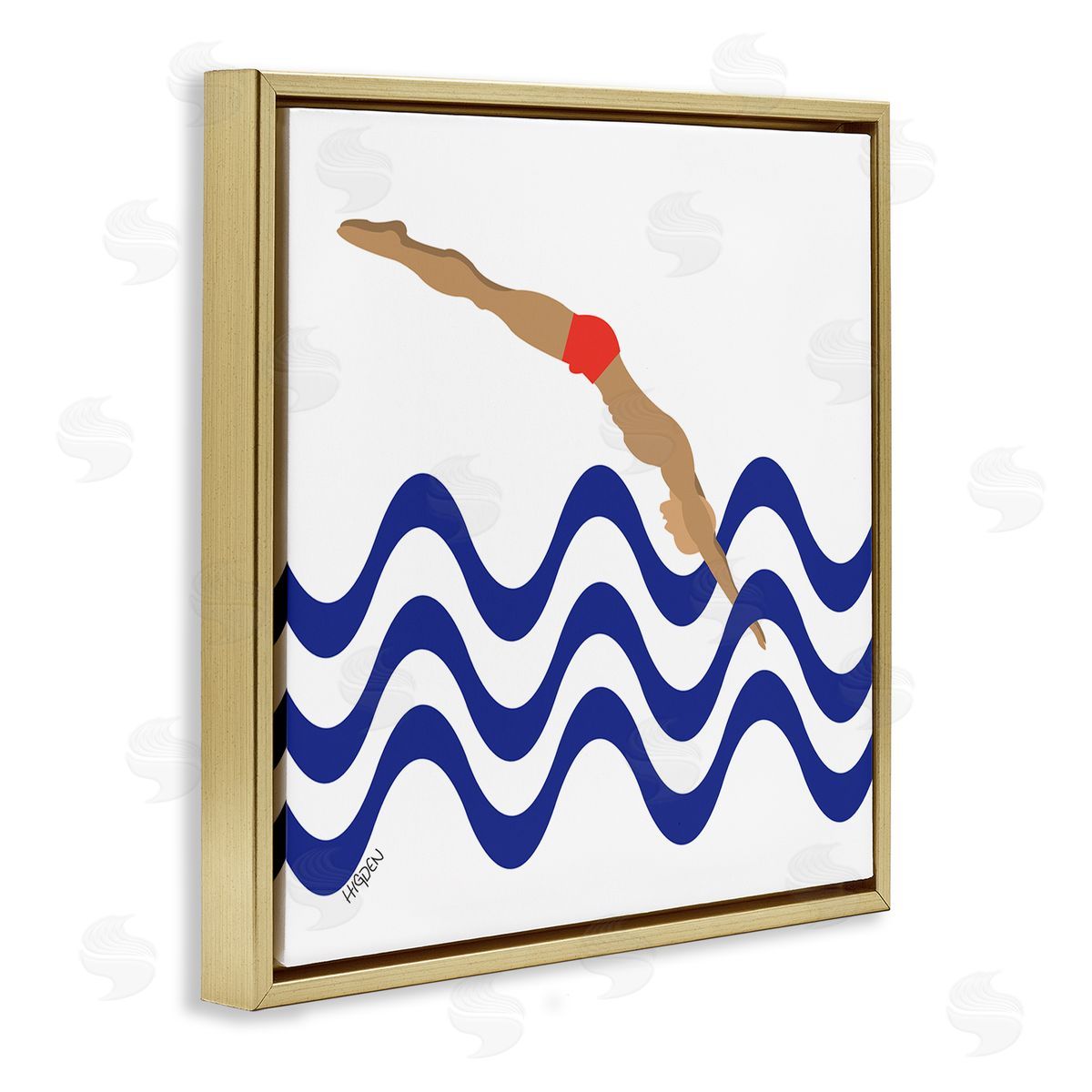 Mark Higden Male Diver Abstract Blue Waves Gold Floater Frame Canvas Art