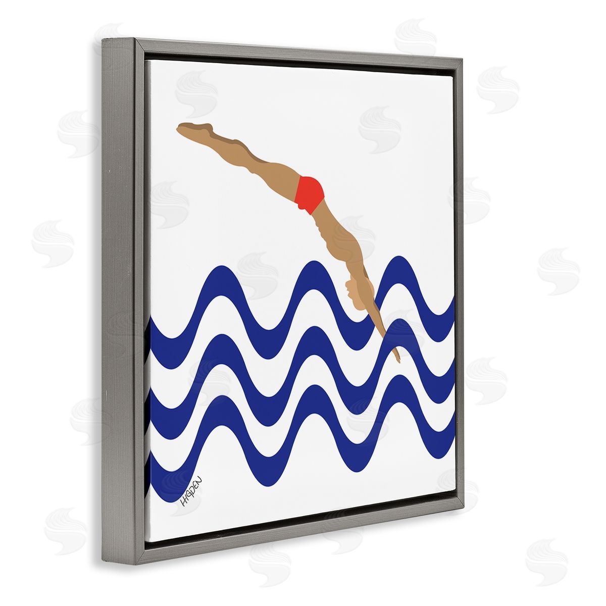 Mark Higden Male Diver Abstract Blue Waves Gray Floater Frame Canvas Art