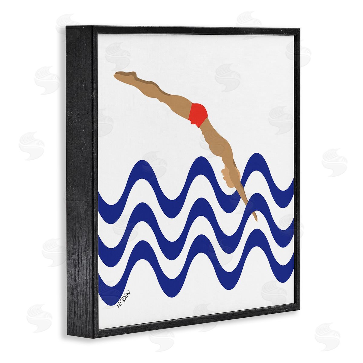 Mark Higden Male Diver Abstract Blue Waves Black Framed Giclee Wall Art