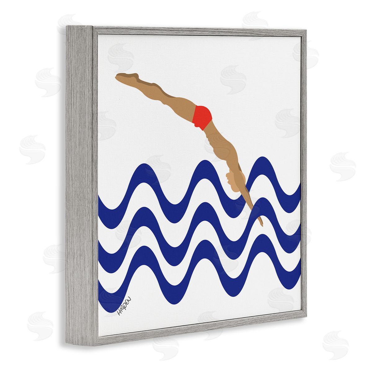 Mark Higden Male Diver Abstract Blue Waves Gray Framed Giclee Wall Art