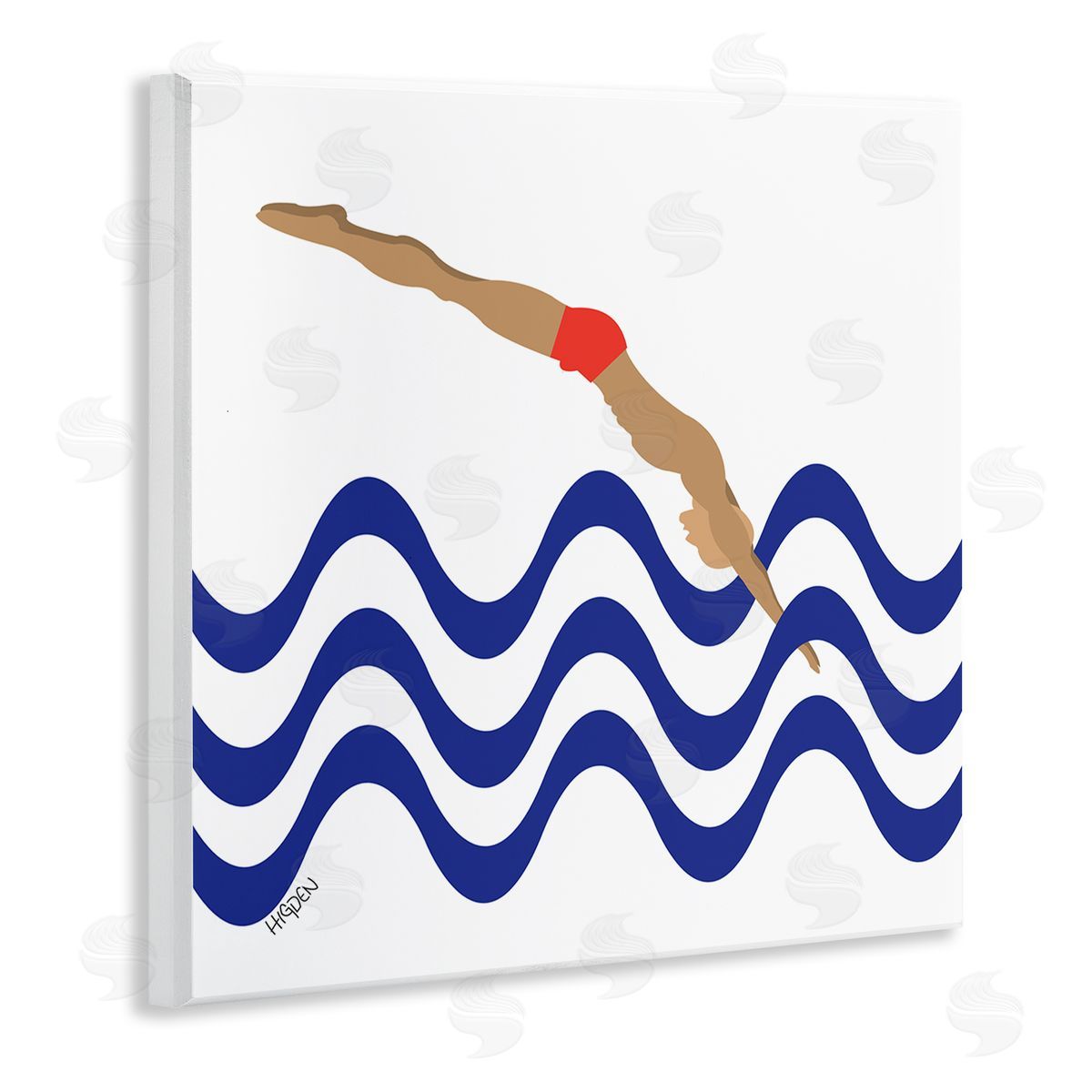 Mark Higden Male Diver Abstract Blue Waves Wall Plaque Art