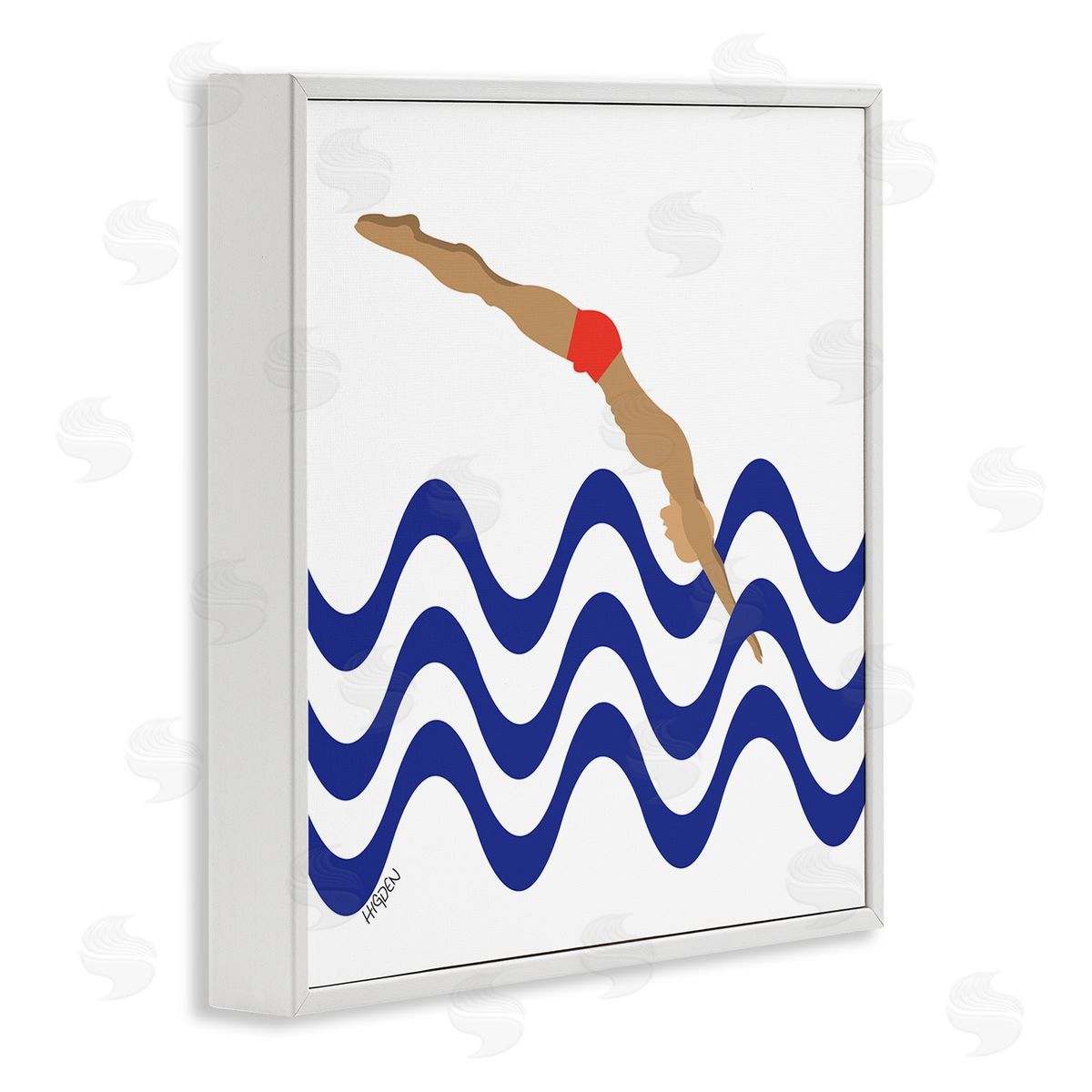 Mark Higden Male Diver Abstract Blue Waves White Framed Giclee Wall Art