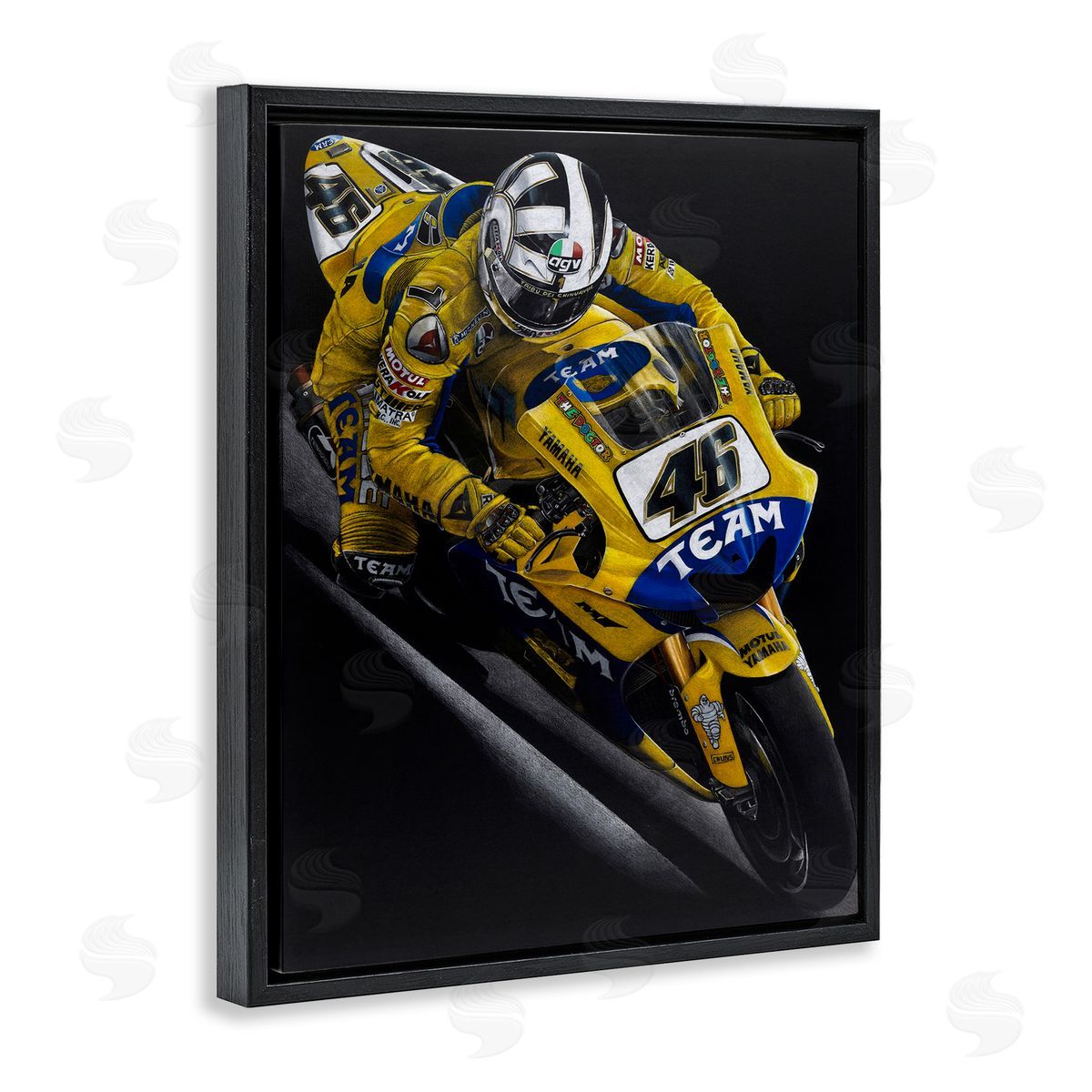 Todd Strothers Motorcycle Racer Yellow Uniform Black Floater Frame Canvas Art