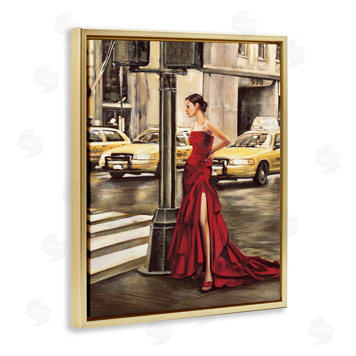 Edoardo Rovere City Crosswalk Fashion Red Gown Gold Floater Frame Canvas Art