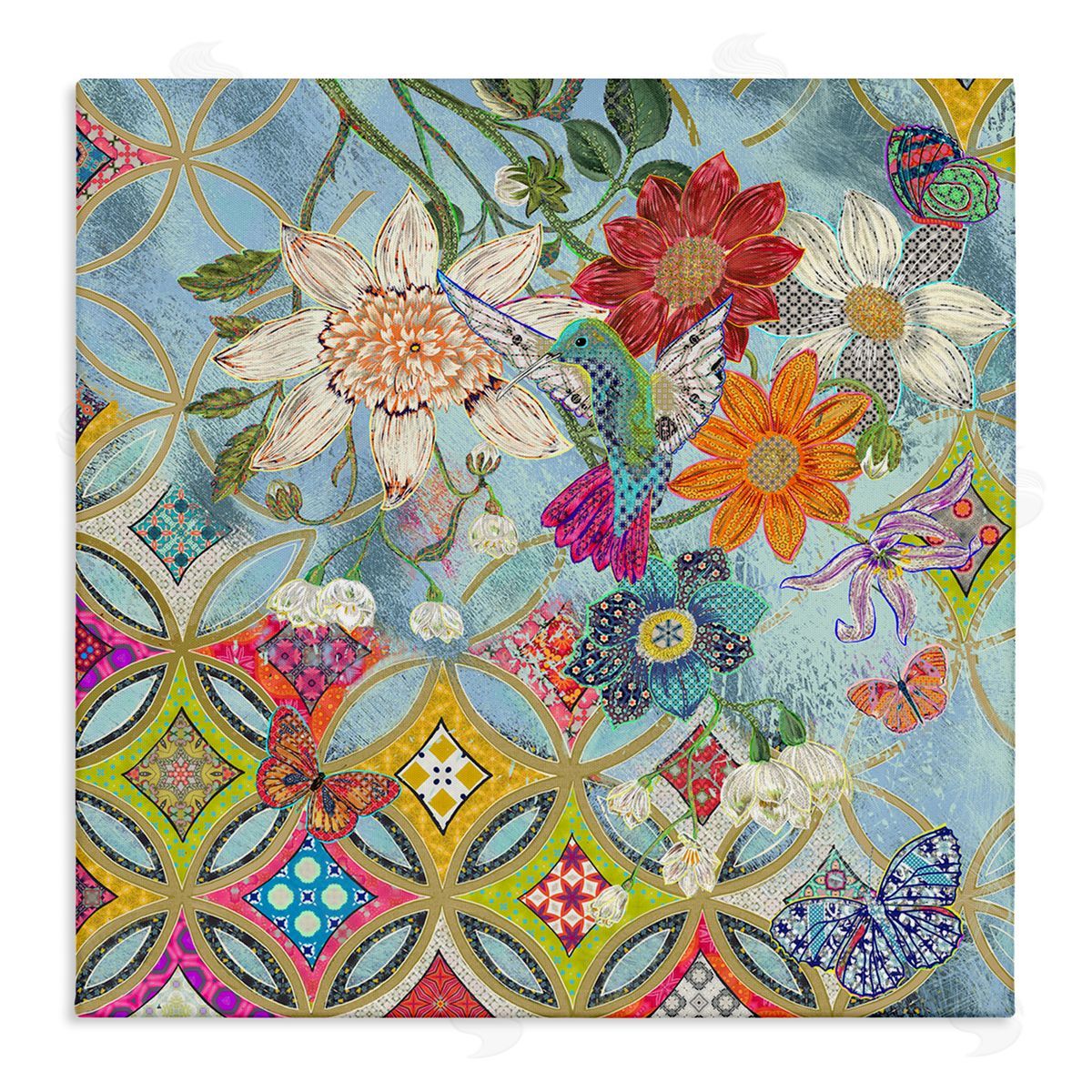 Sangita Bachelet Circular Arabesque Pattern Floral Hummingbird Canvas Wall Art
