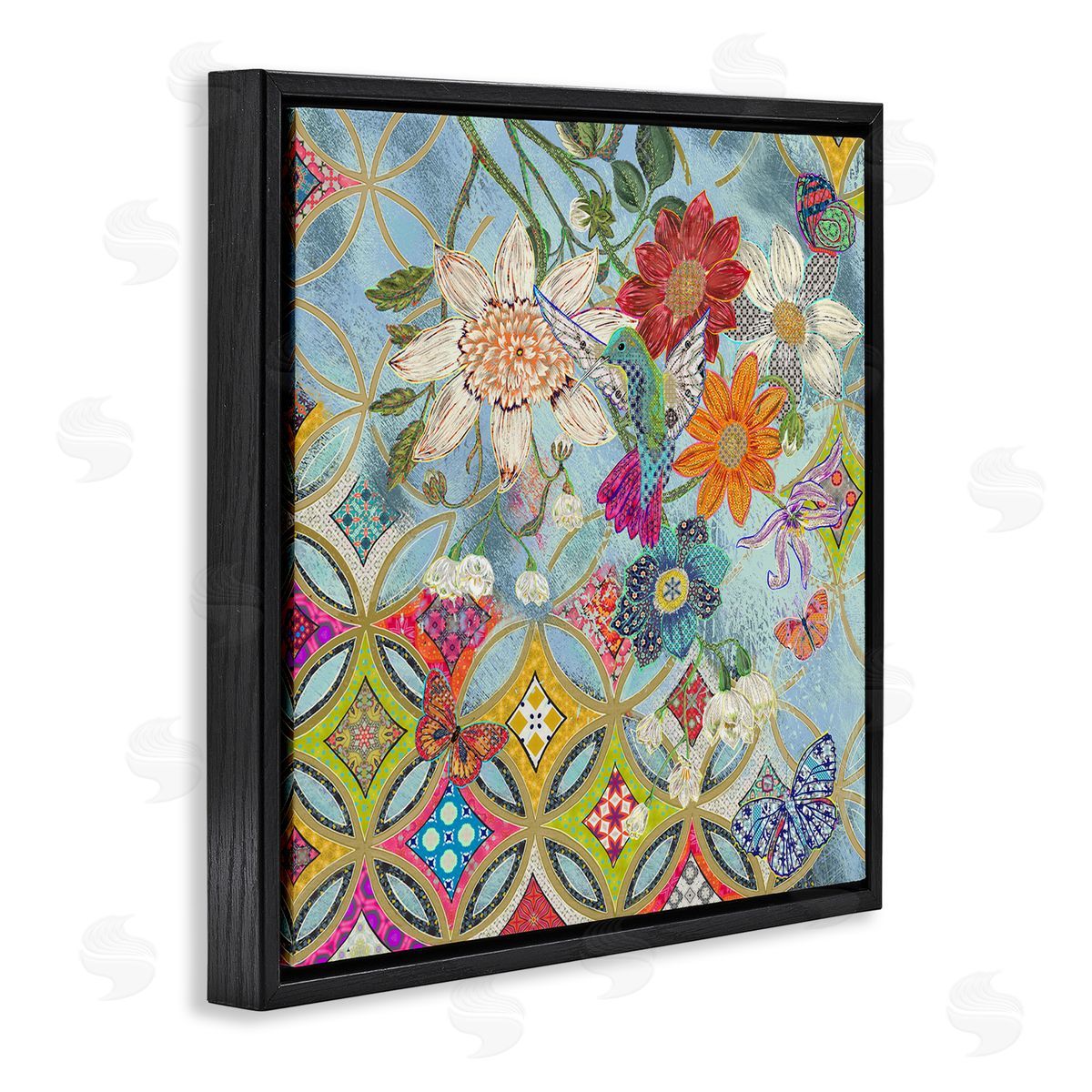 Sangita Bachelet Circular Arabesque Pattern Floral Hummingbird Black Floater Frame Canvas Art
