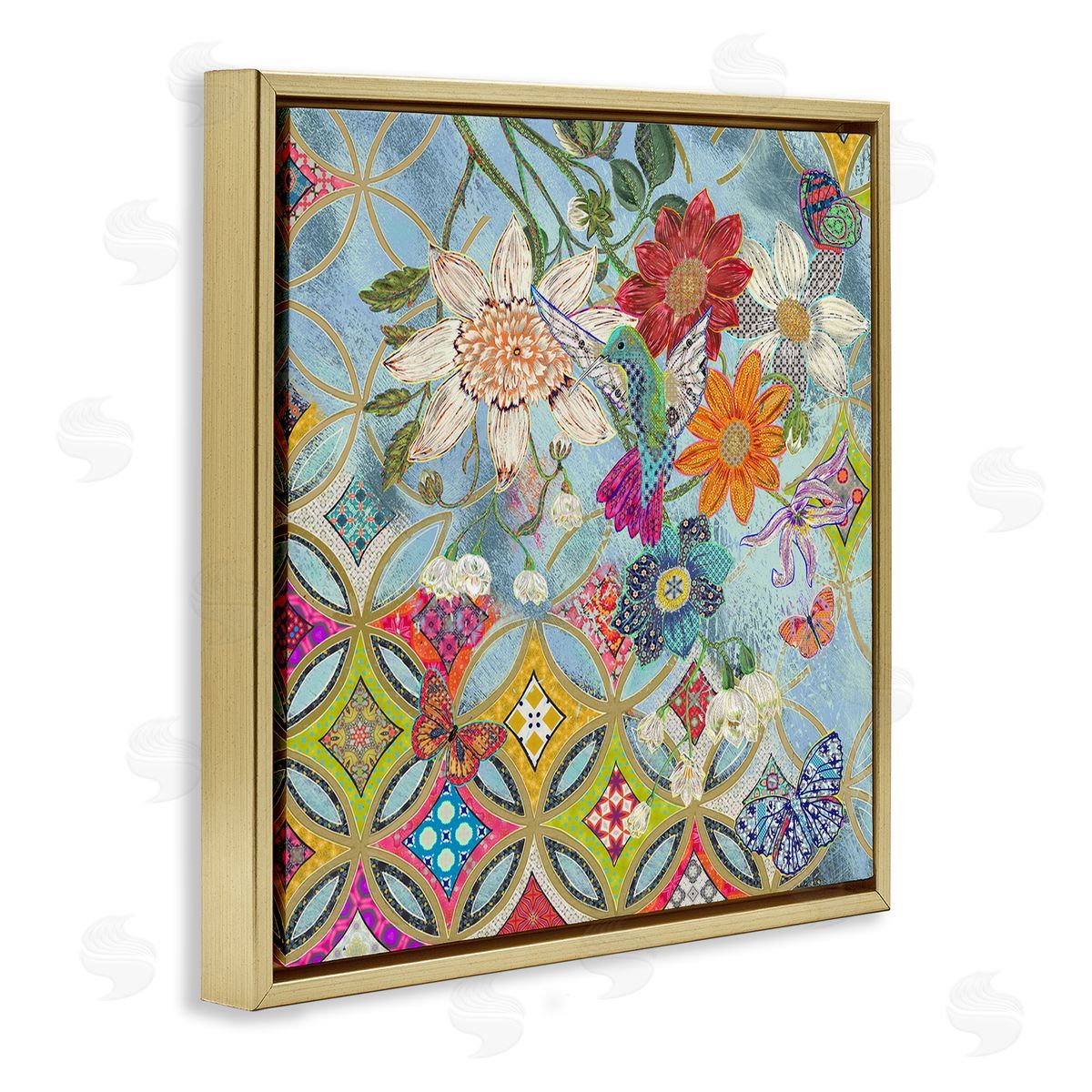Sangita Bachelet Circular Arabesque Pattern Floral Hummingbird Gold Floater Frame Canvas Art
