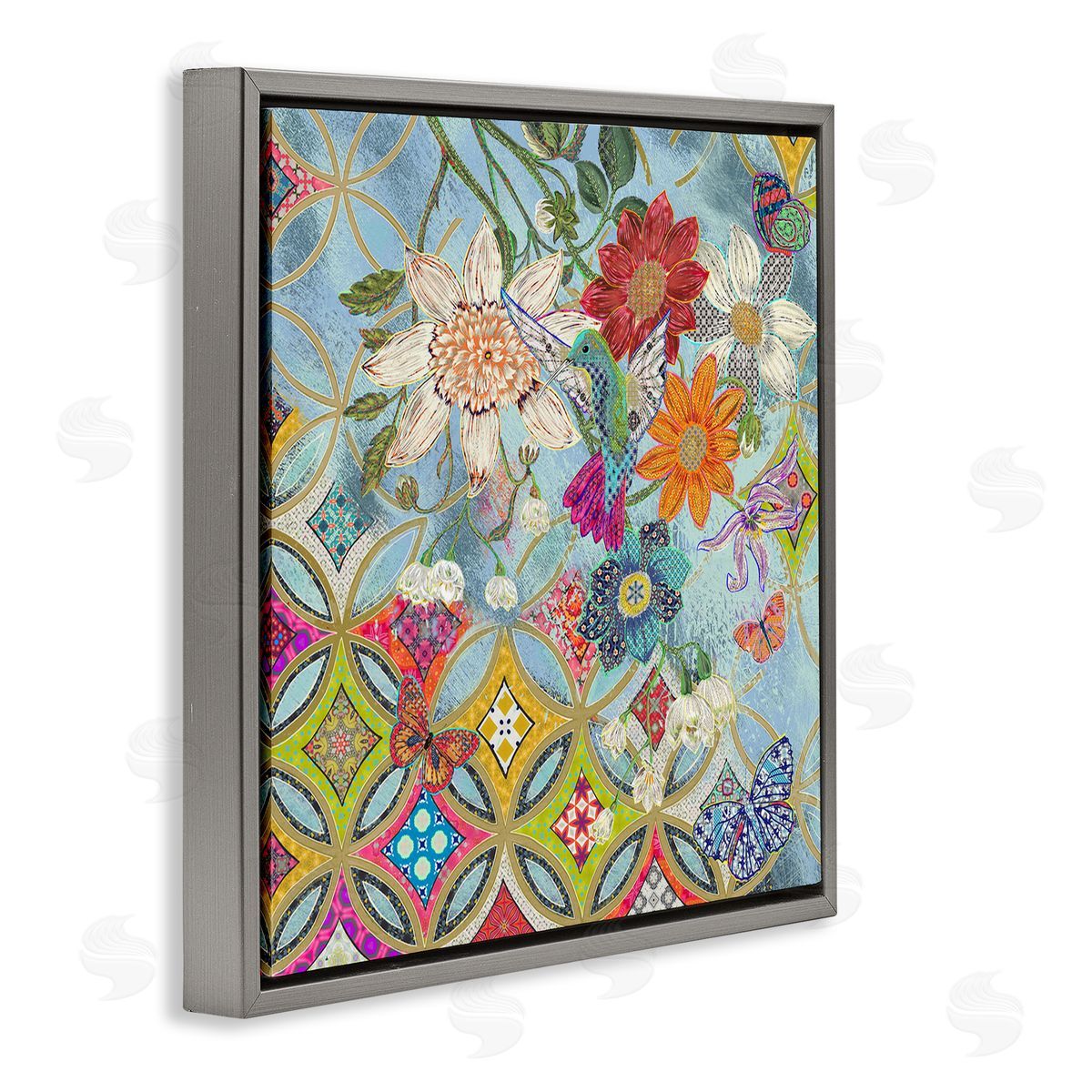Sangita Bachelet Circular Arabesque Pattern Floral Hummingbird Gray Floater Frame Canvas Art