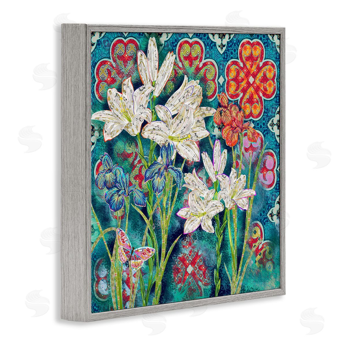 Sangita Bachelet Vibrant Lilies Butterfly Geometric Pattern Gray Framed Giclee Wall Art