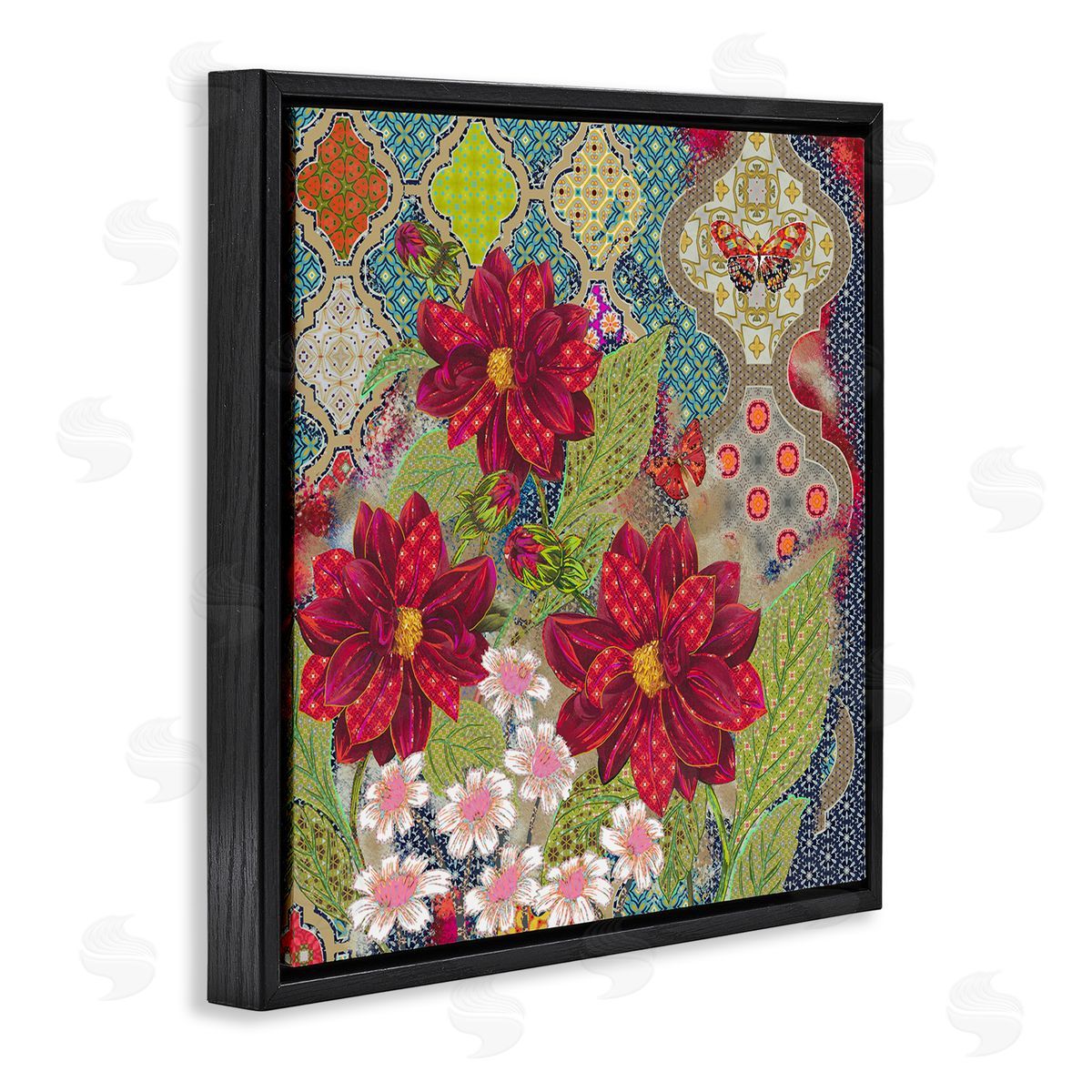 Sangita Bachelet Intricate Arabesque Pattern Floral Butterfly Black Floater Frame Canvas Art