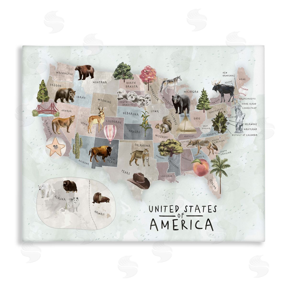 Ziwei Li United States Map Animal Illustrations Canvas Wall Art