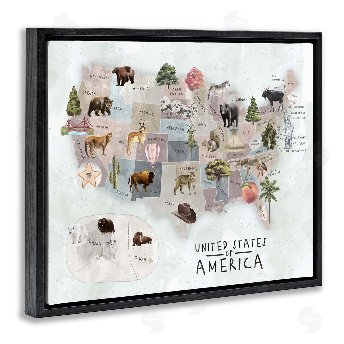 Ziwei Li United States Map Animal Illustrations Black Floater Frame Canvas Art