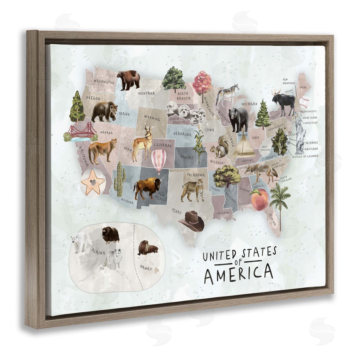 Ziwei Li United States Map Animal Illustrations Brown Floater Frame Canvas Art