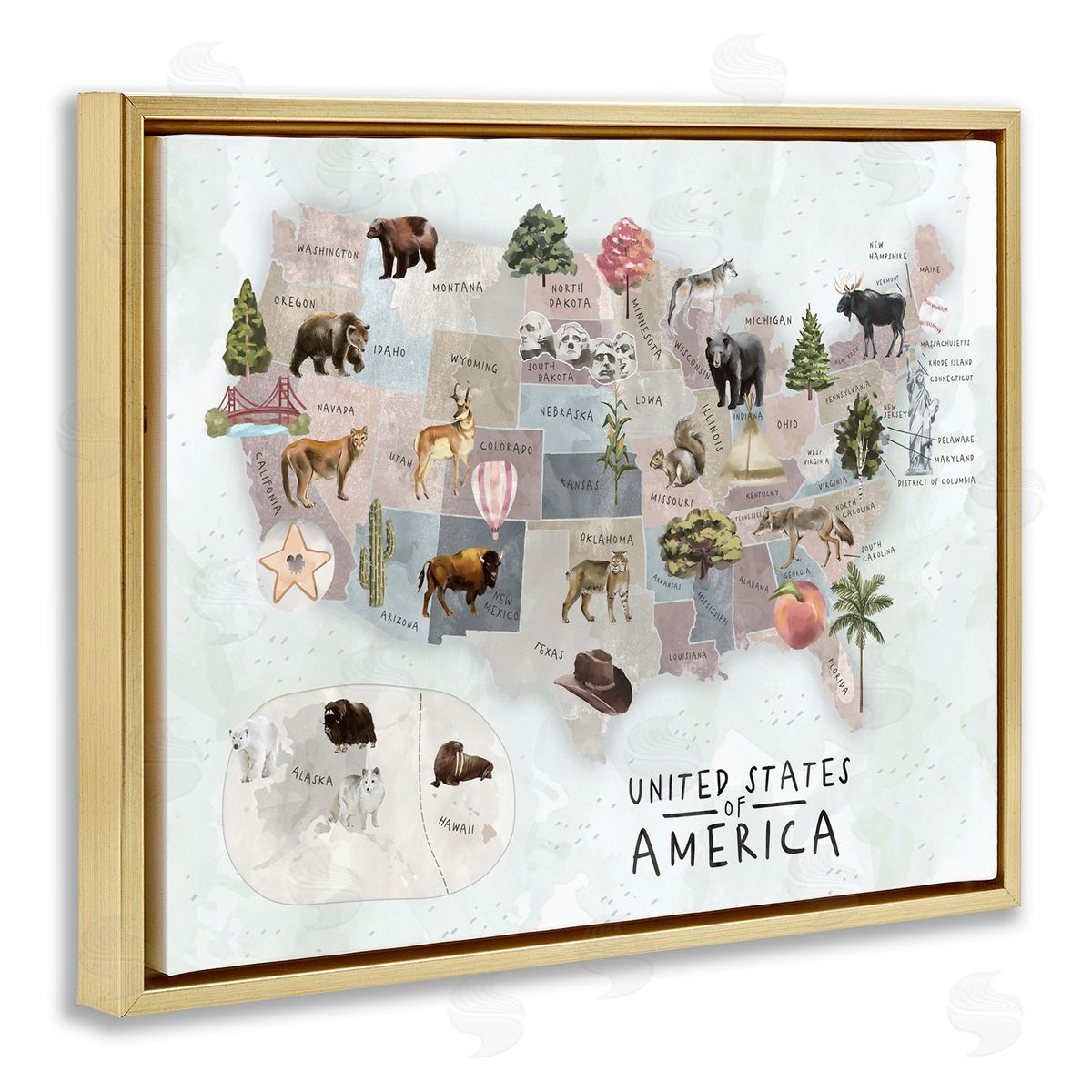 Ziwei Li United States Map Animal Illustrations Gold Floater Frame Canvas Art