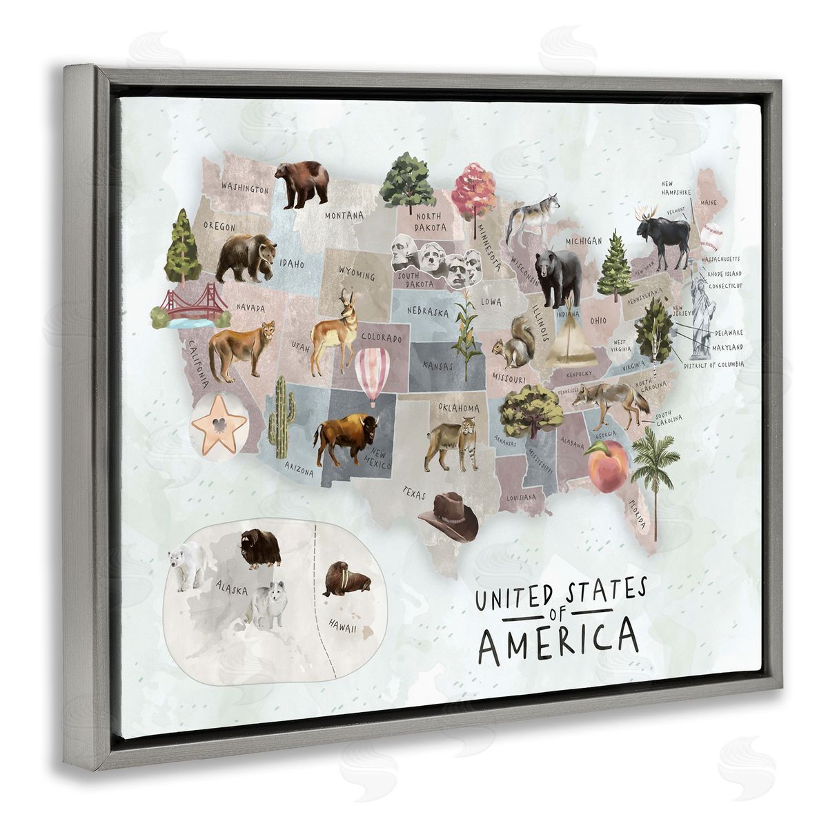 Ziwei Li United States Map Animal Illustrations Gray Floater Frame Canvas Art