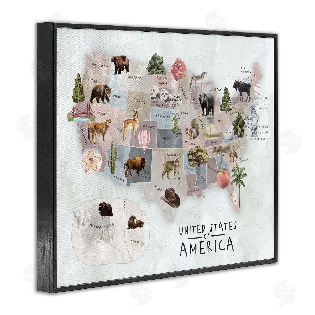 Ziwei Li United States Map Animal Illustrations Black Framed Giclee Wall Art