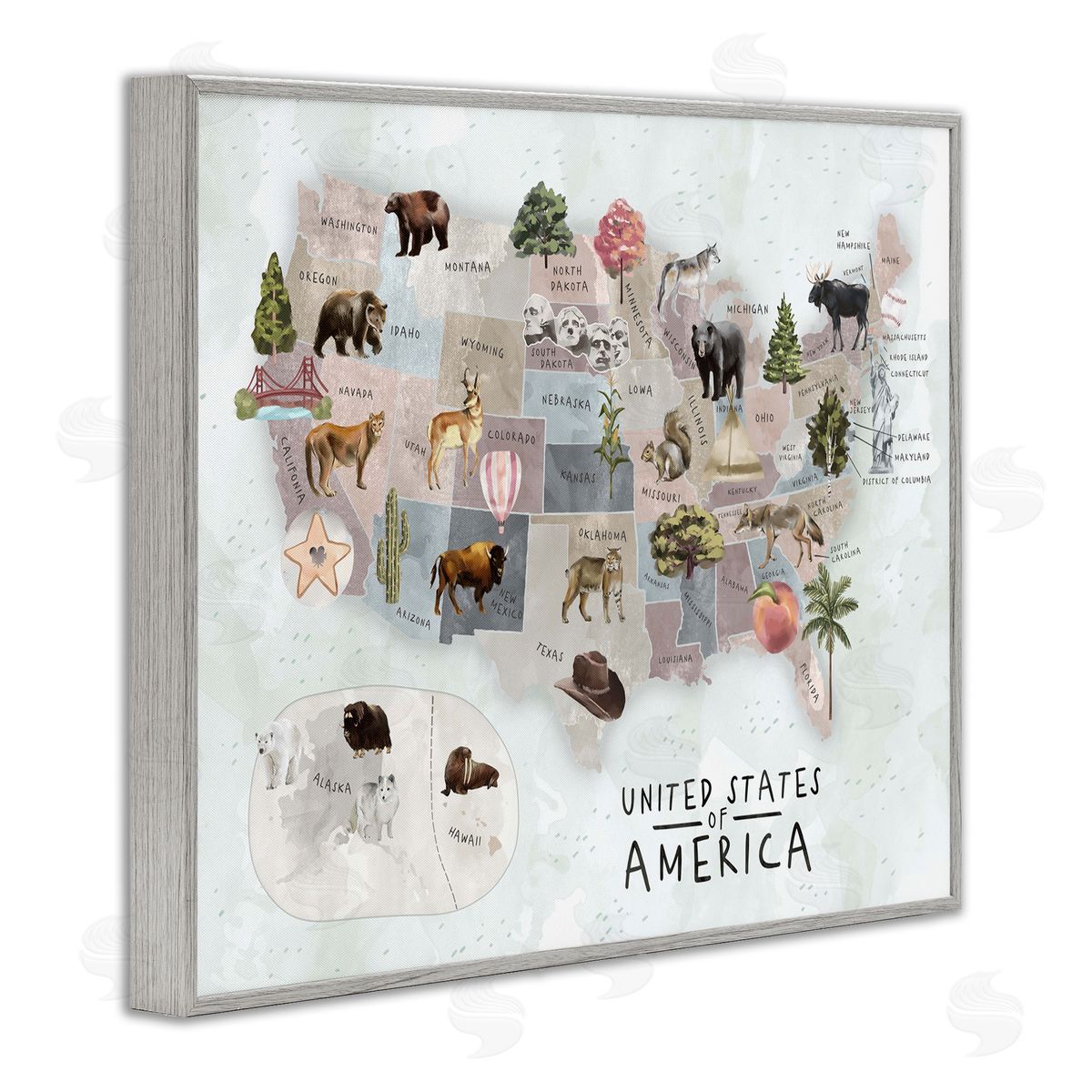 Ziwei Li United States Map Animal Illustrations Gray Framed Giclee Wall Art