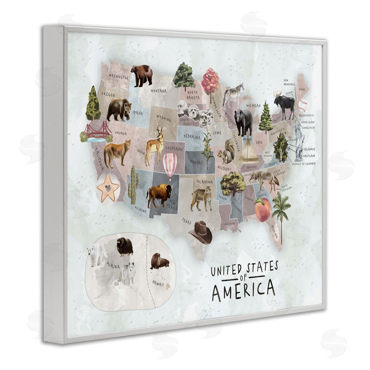 Ziwei Li United States Map Animal Illustrations White Framed Giclee Wall Art