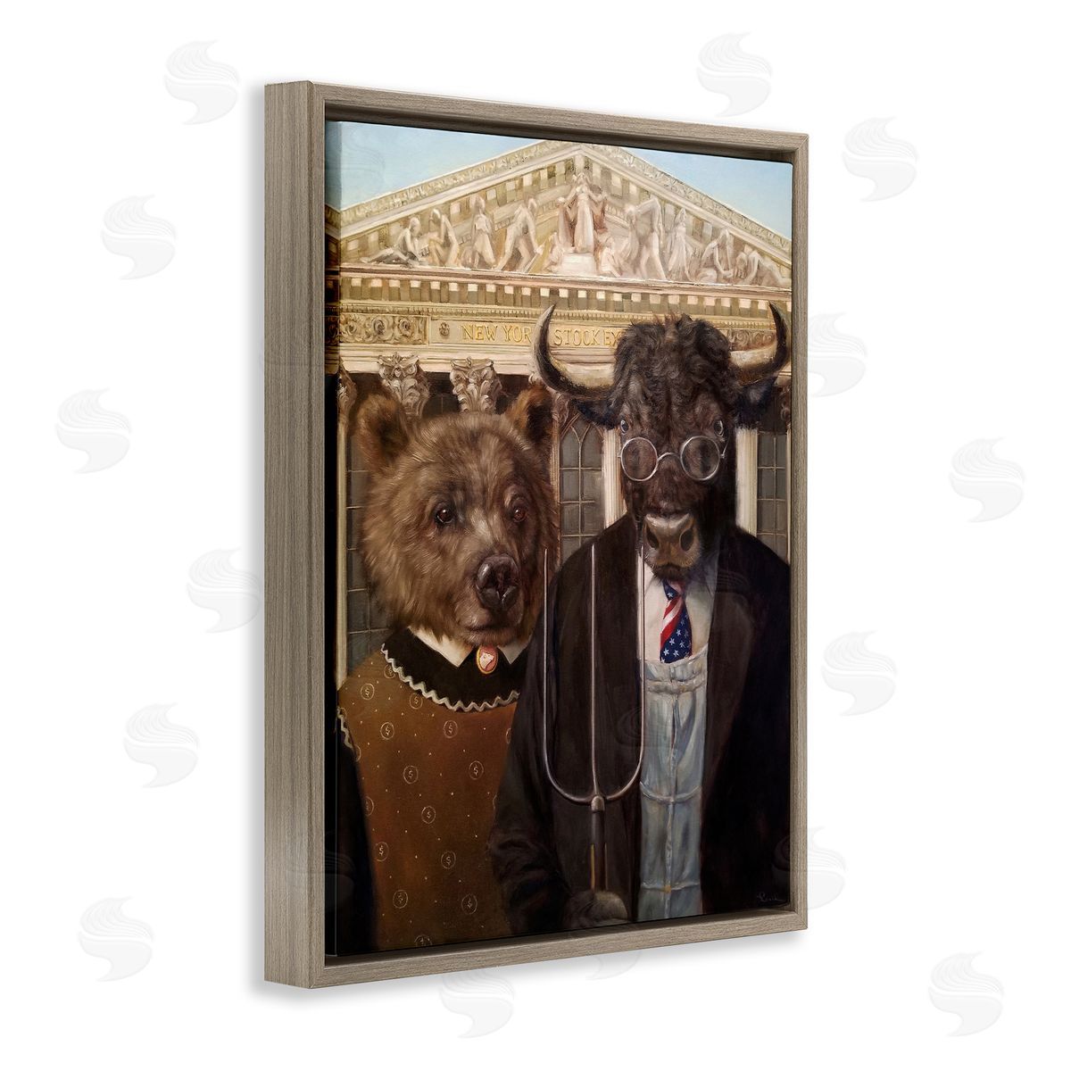 Lucia Heffernan American Gothic Stock Market Parody Brown Floater Frame Canvas Art