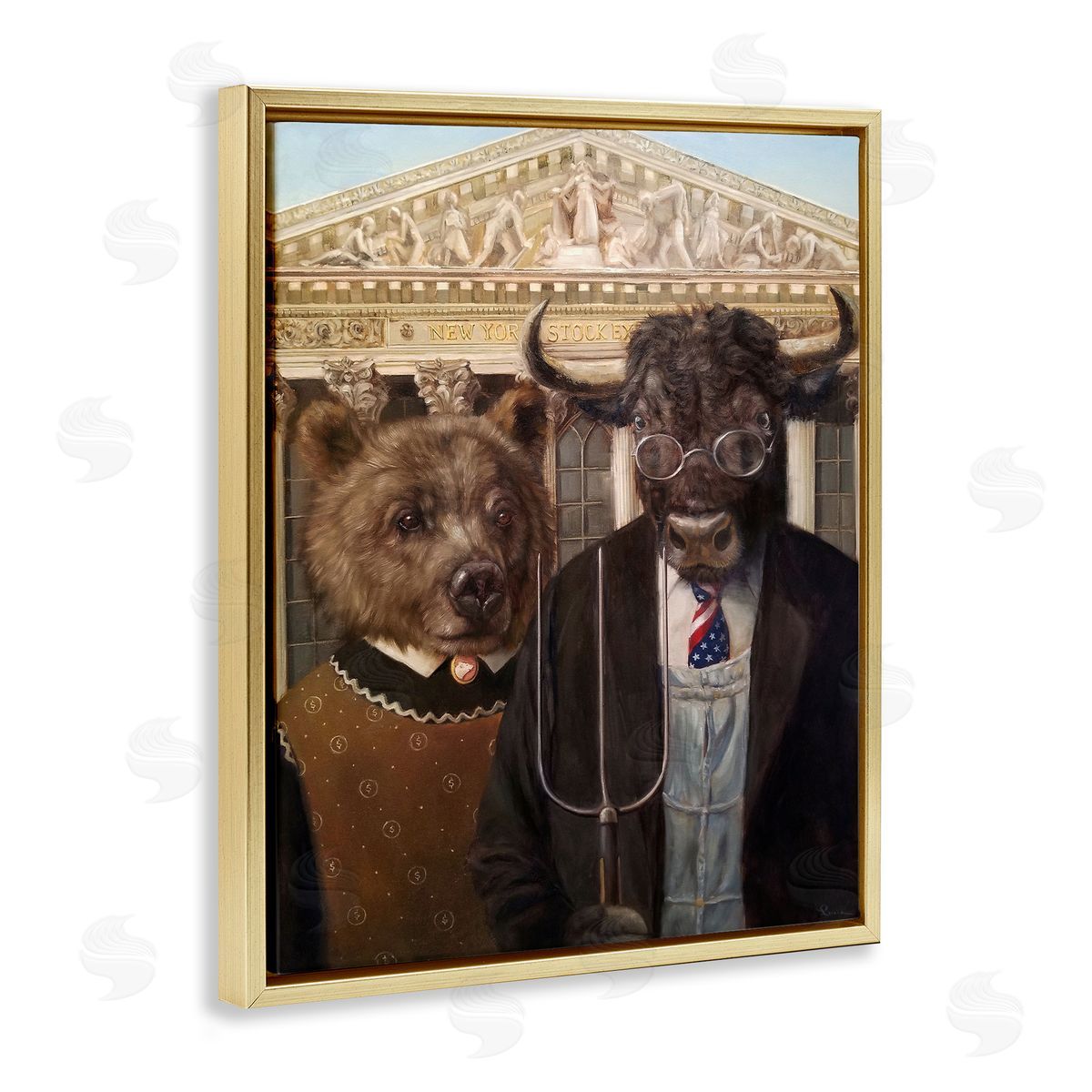 Lucia Heffernan American Gothic Stock Market Parody Gold Floater Frame Canvas Art
