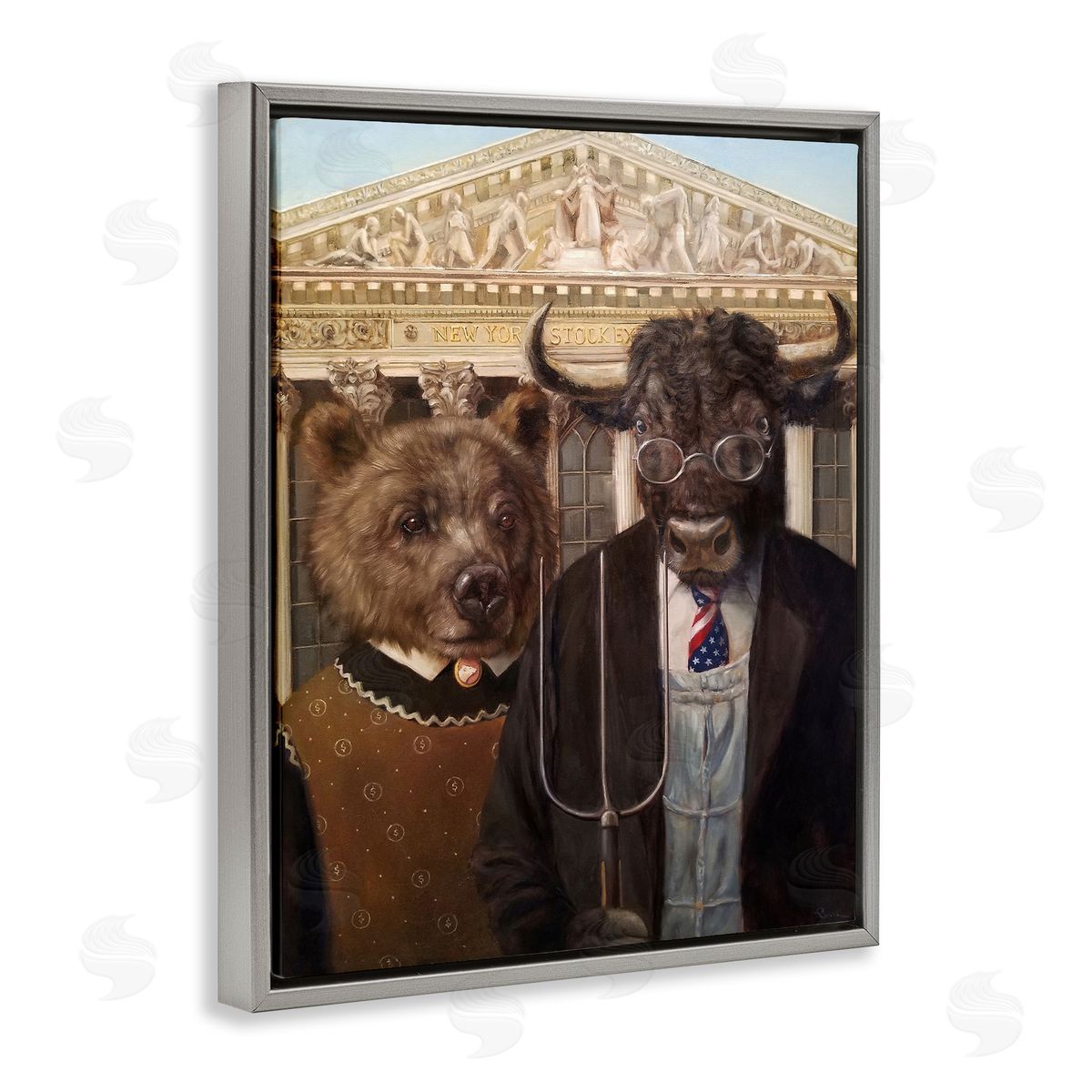 Lucia Heffernan American Gothic Stock Market Parody Gray Floater Frame Canvas Art