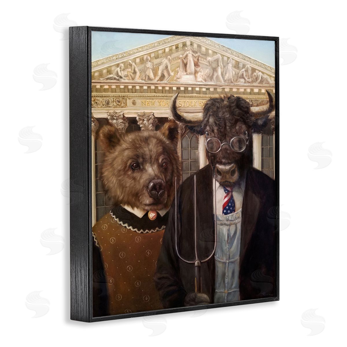 Lucia Heffernan American Gothic Stock Market Parody Black Framed Giclee Wall Art