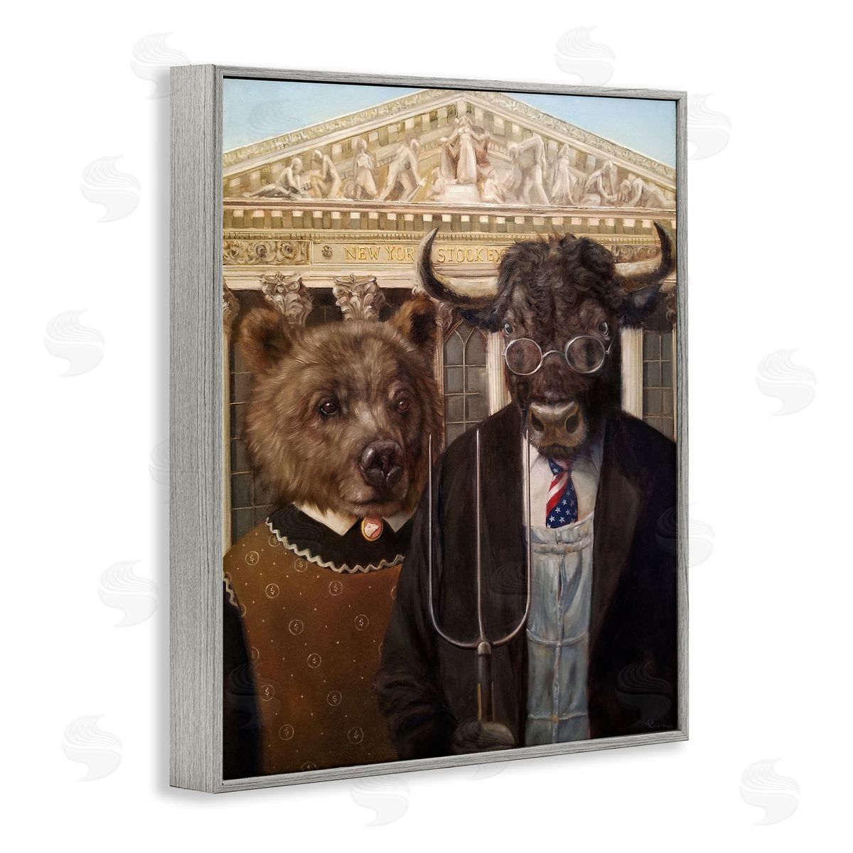 Lucia Heffernan American Gothic Stock Market Parody Gray Framed Giclee Wall Art