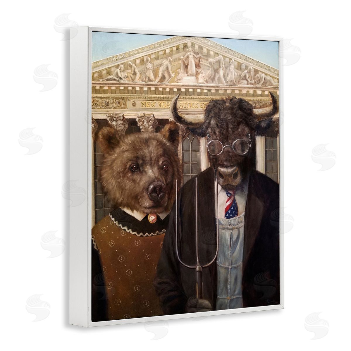 Lucia Heffernan American Gothic Stock Market Parody White Framed Giclee Wall Art