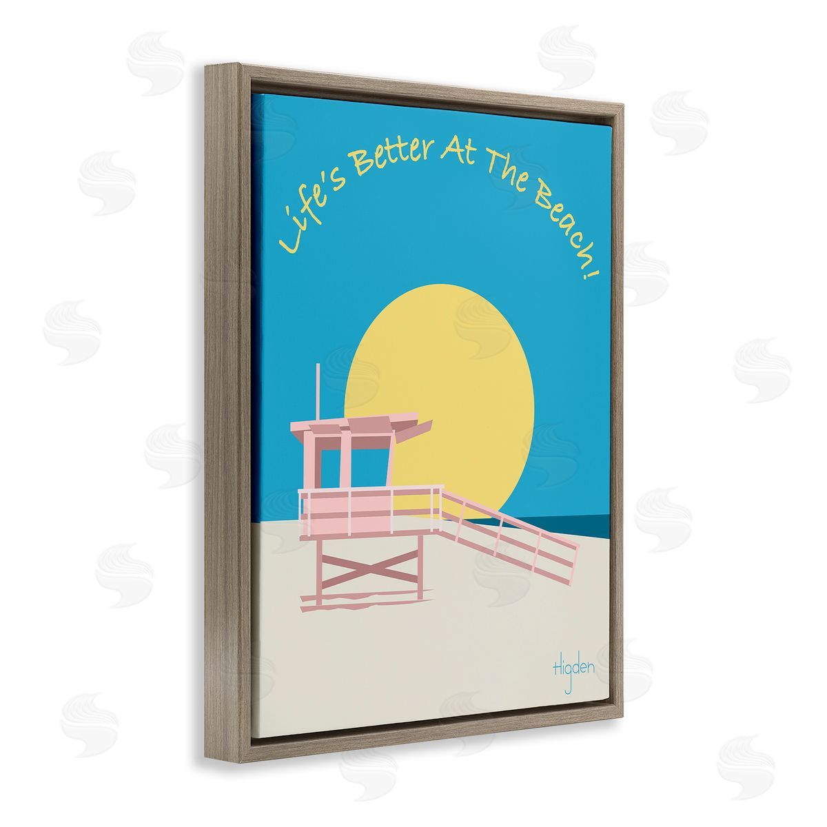 Mark Higden Life's Better at Beach Lifeguard Stand Brown Floater Frame Canvas Art