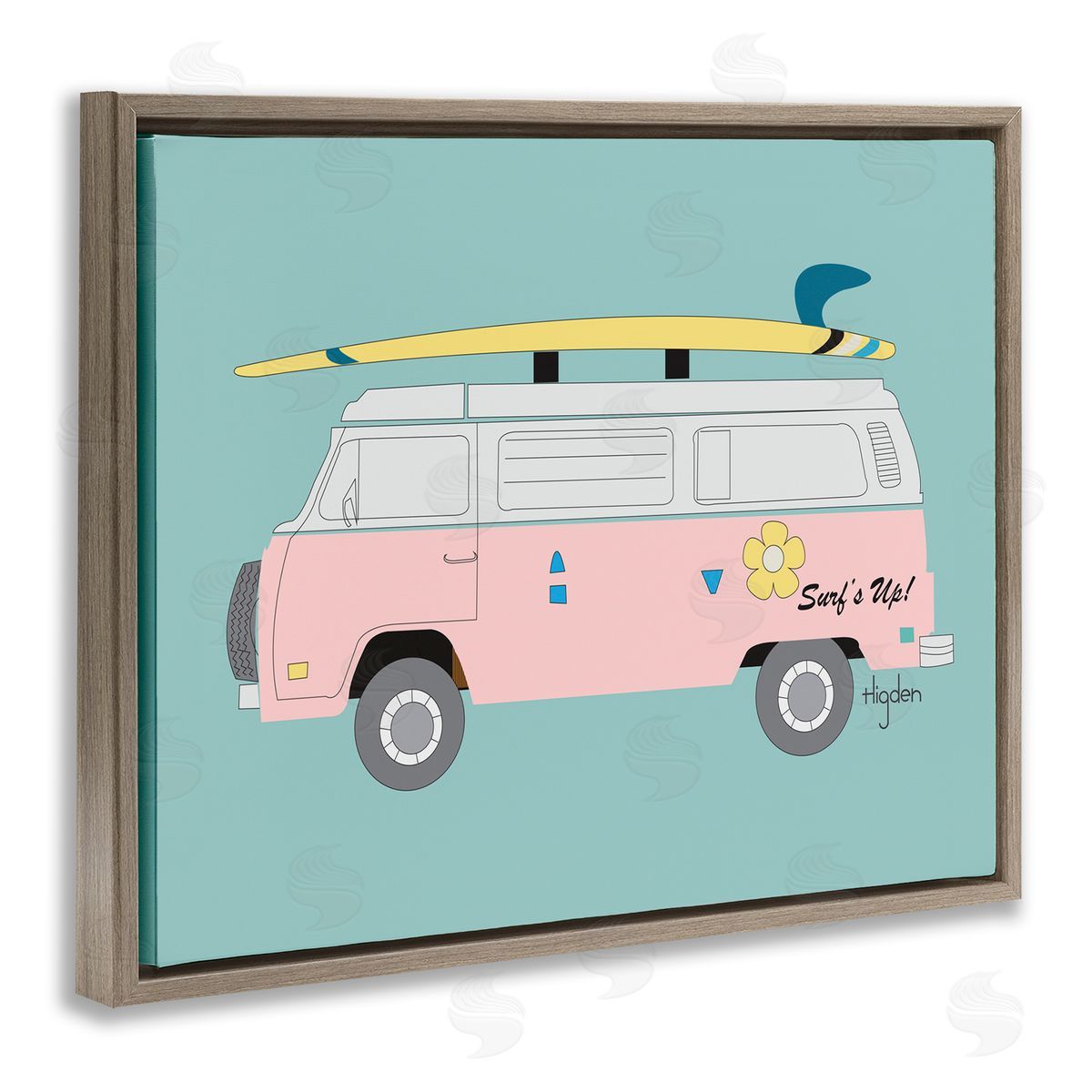 Mark Higden Pink Beach Cruiser Van Illustration Brown Floater Frame Canvas Art