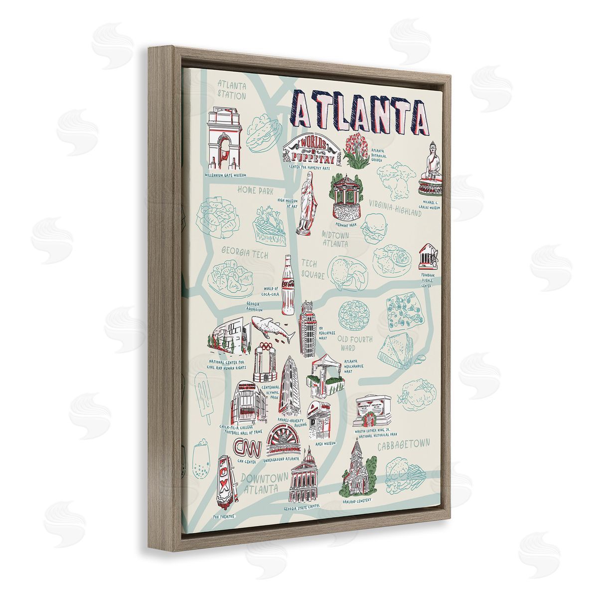 Ziwei Li Atlanta Georgia City Landmarks Brown Floater Frame Canvas Art
