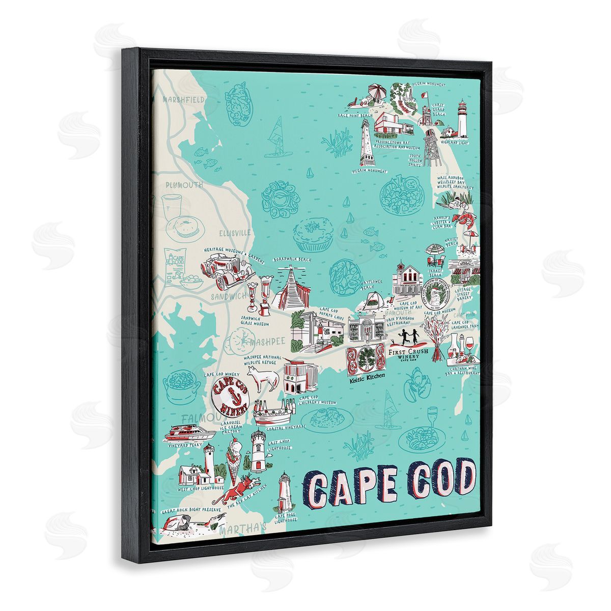 Ziwei Li Cape Cod Nautical Landmark Map Black Floater Frame Canvas Art